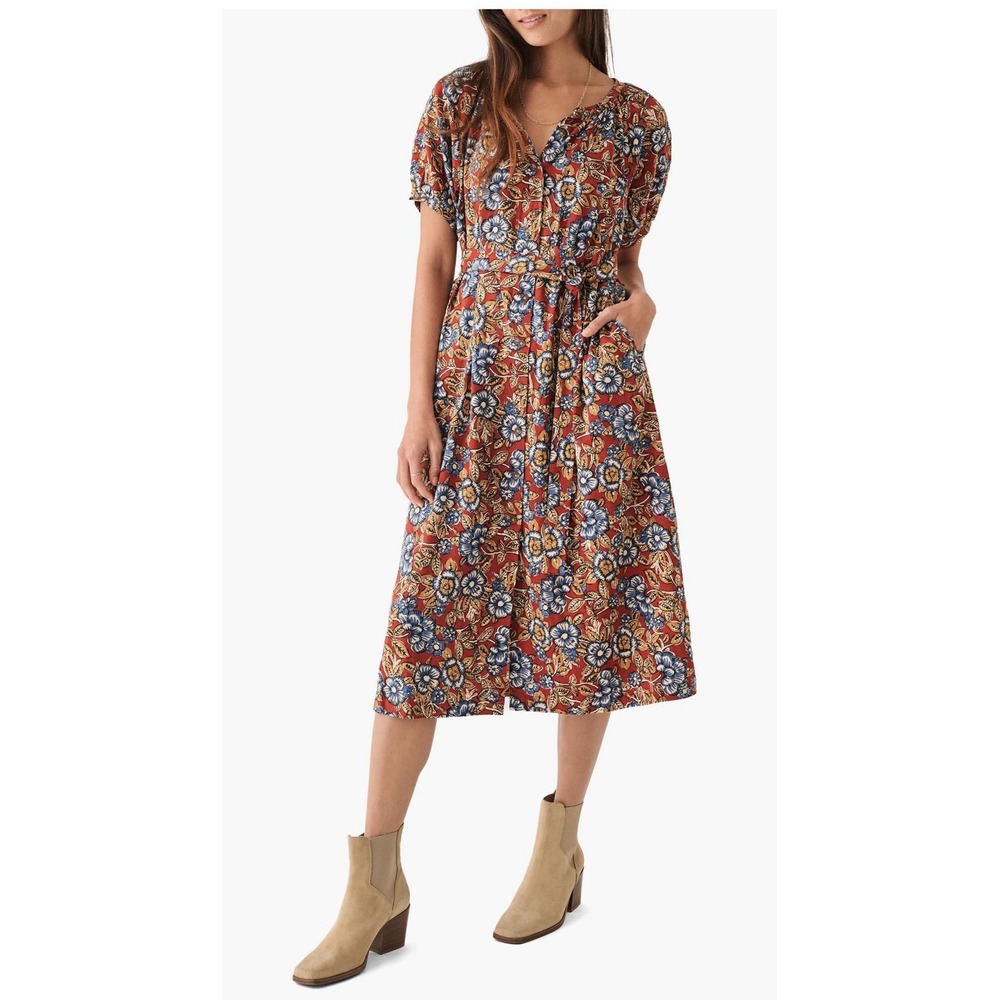Faherty Women's Carmel Linen Dress Red Desert Bloom Size XL Coastal Fall